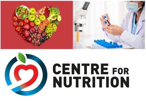 Food shaped as a heart on a red background, woman working in a lab and the logo of Centre for Nutrition