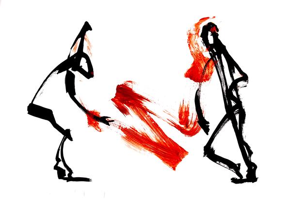 Black stick figures interacting with splashes of red between them