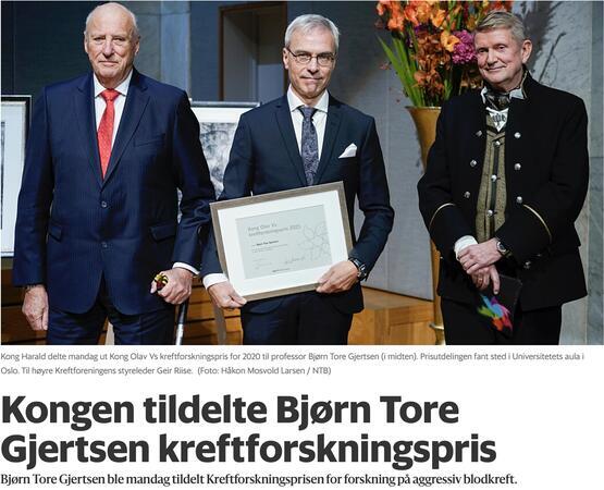 faksimile nettsak at Bjørn Tore Gjertsen får kreftforskningspris