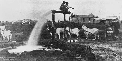 Bildet viser en artesisk boring i Queensland, Australia, rundt 1900.