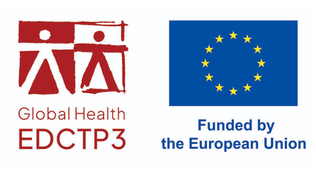 Logo: Global Health EDCTP3 - white and red. EU blue background with circle of yellow stars, text under: Funded by the European Union