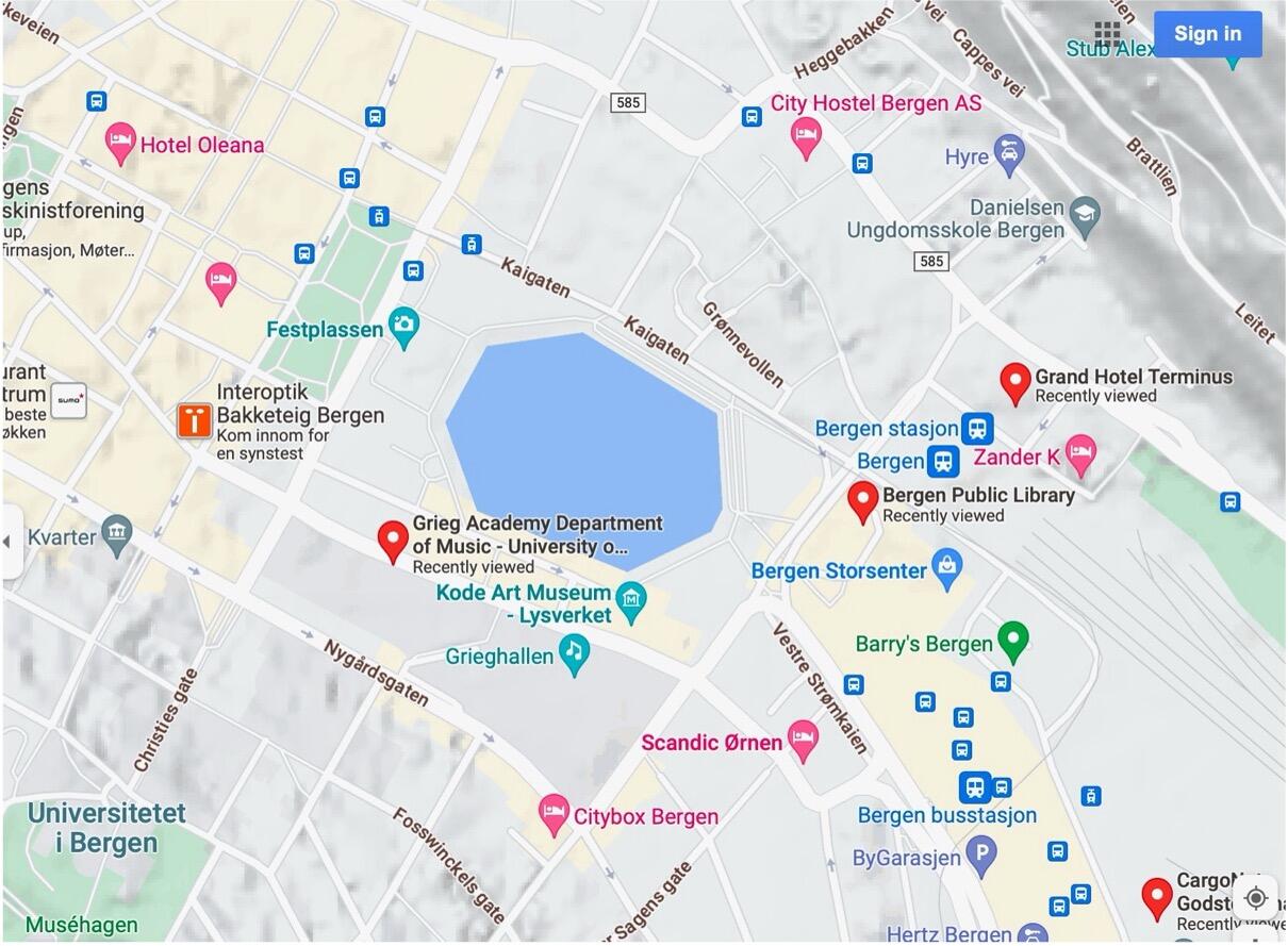 Map Bergen centre with conference venues and hotel