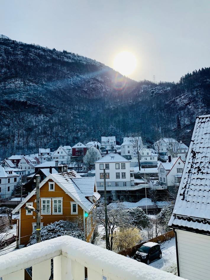 low sun over city houses at winter