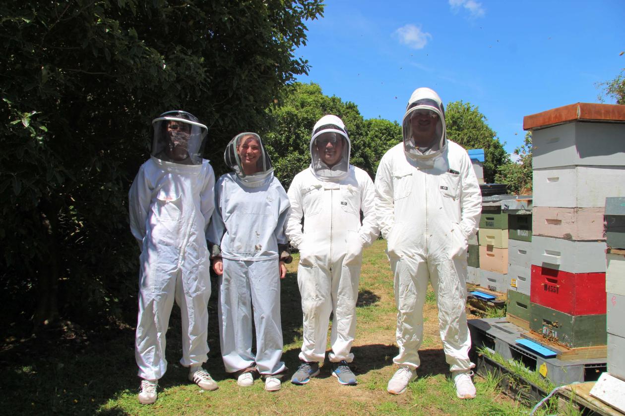 Four people in beekeeping suits