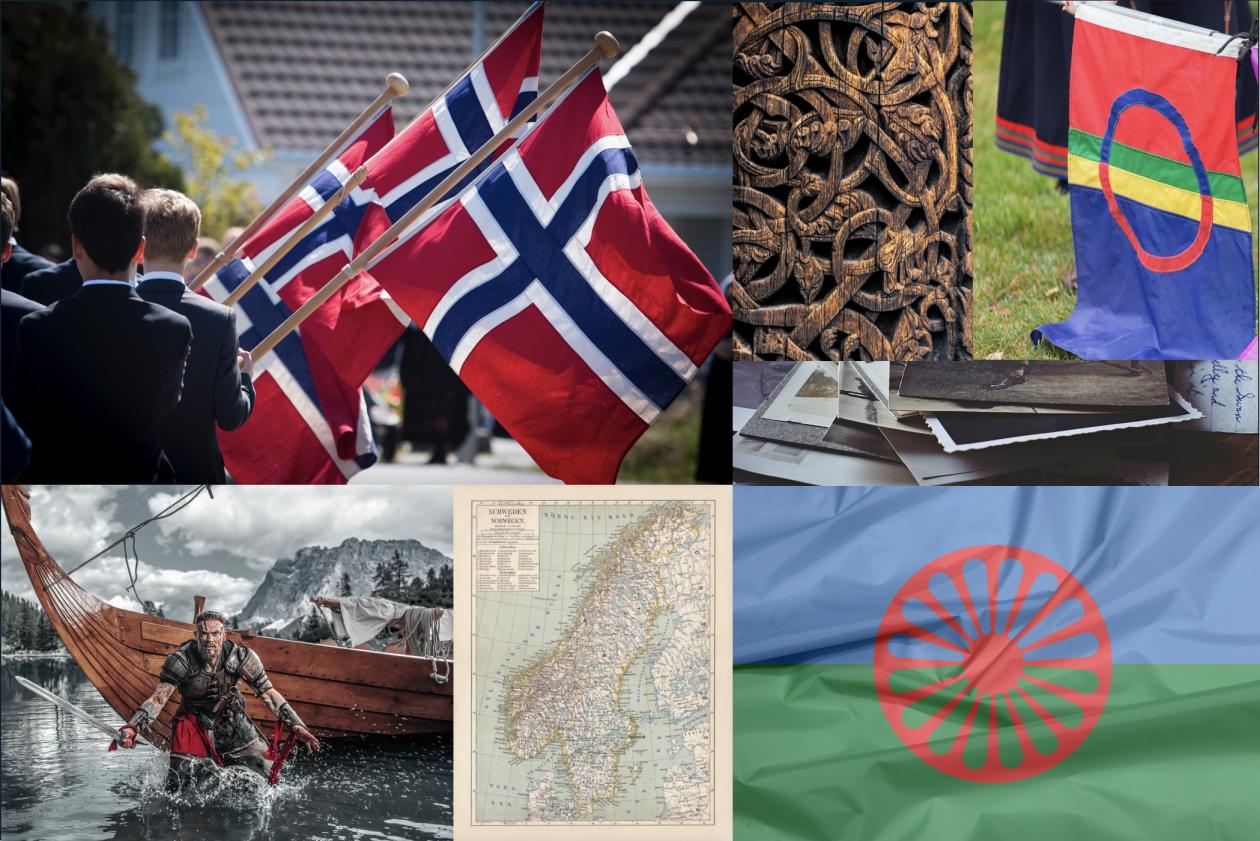 Illustrasjonsbildet viser det norske, samiske og romfolkets flagg, et kart over Norge, samt en viking foran et vikingskip. 