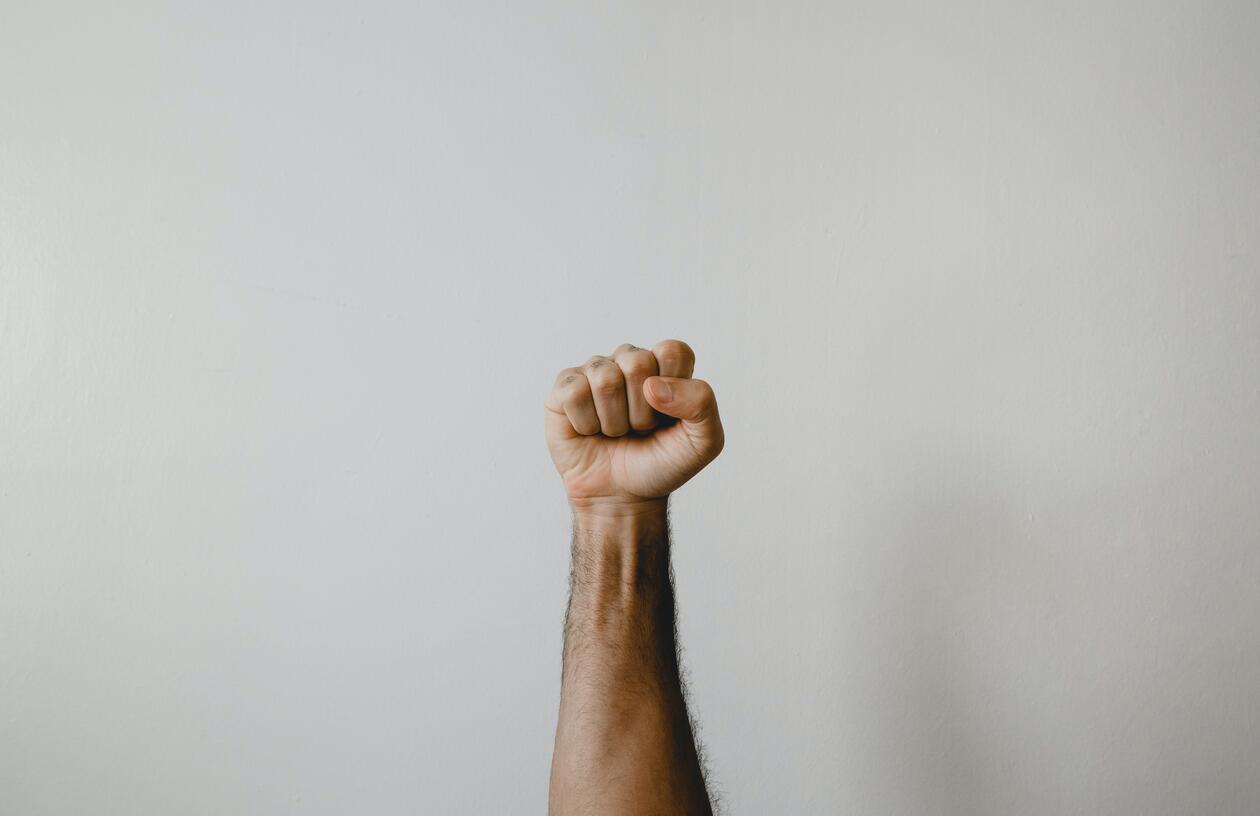 Image of person's right fist held in the air.