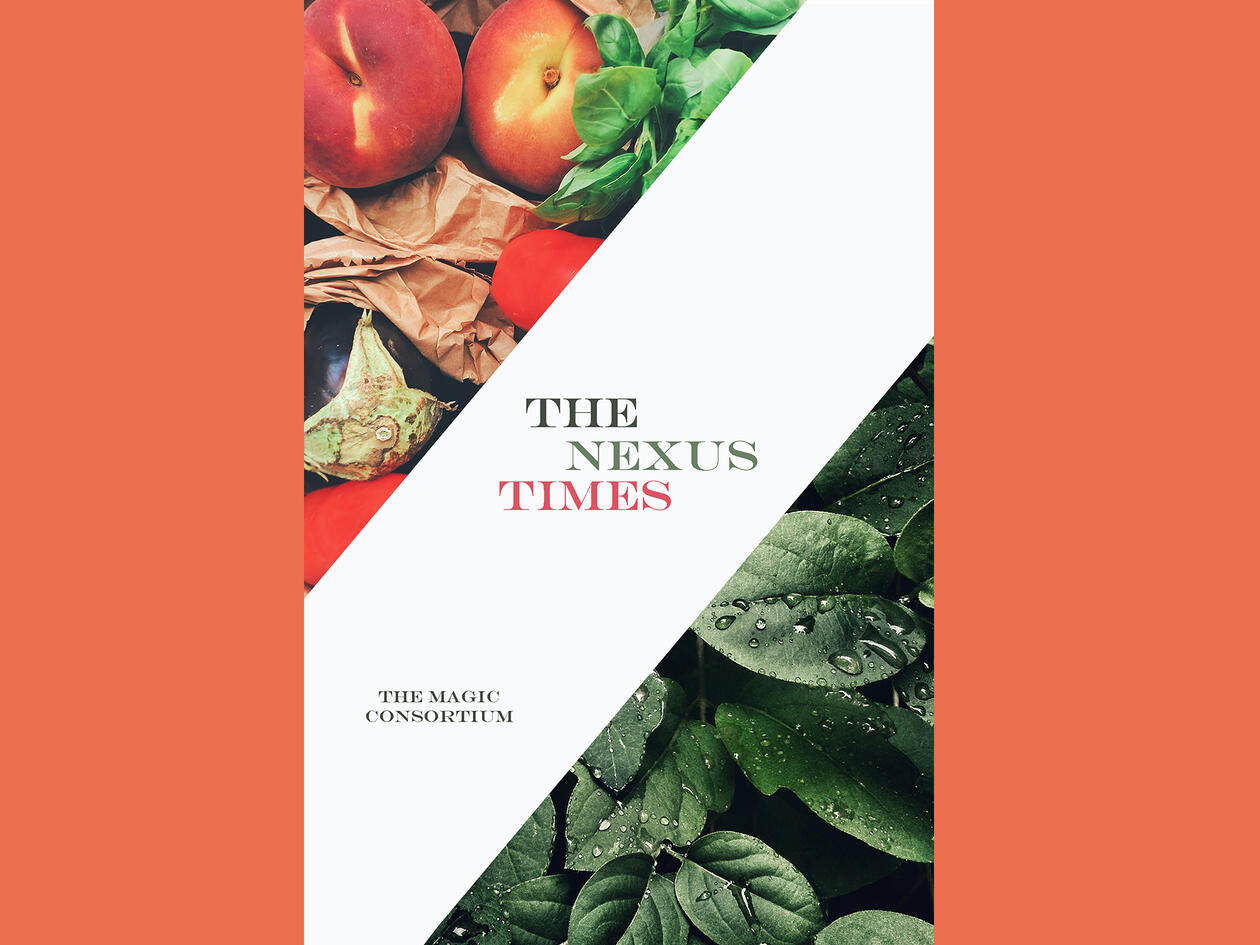 Frontpage of book The Nexus Times - images of fruits, vegs and plants