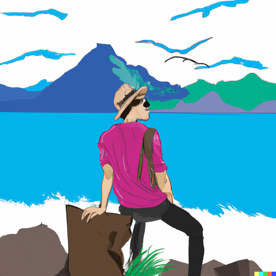 A drawn illustration of a tourist looking out towards the sea