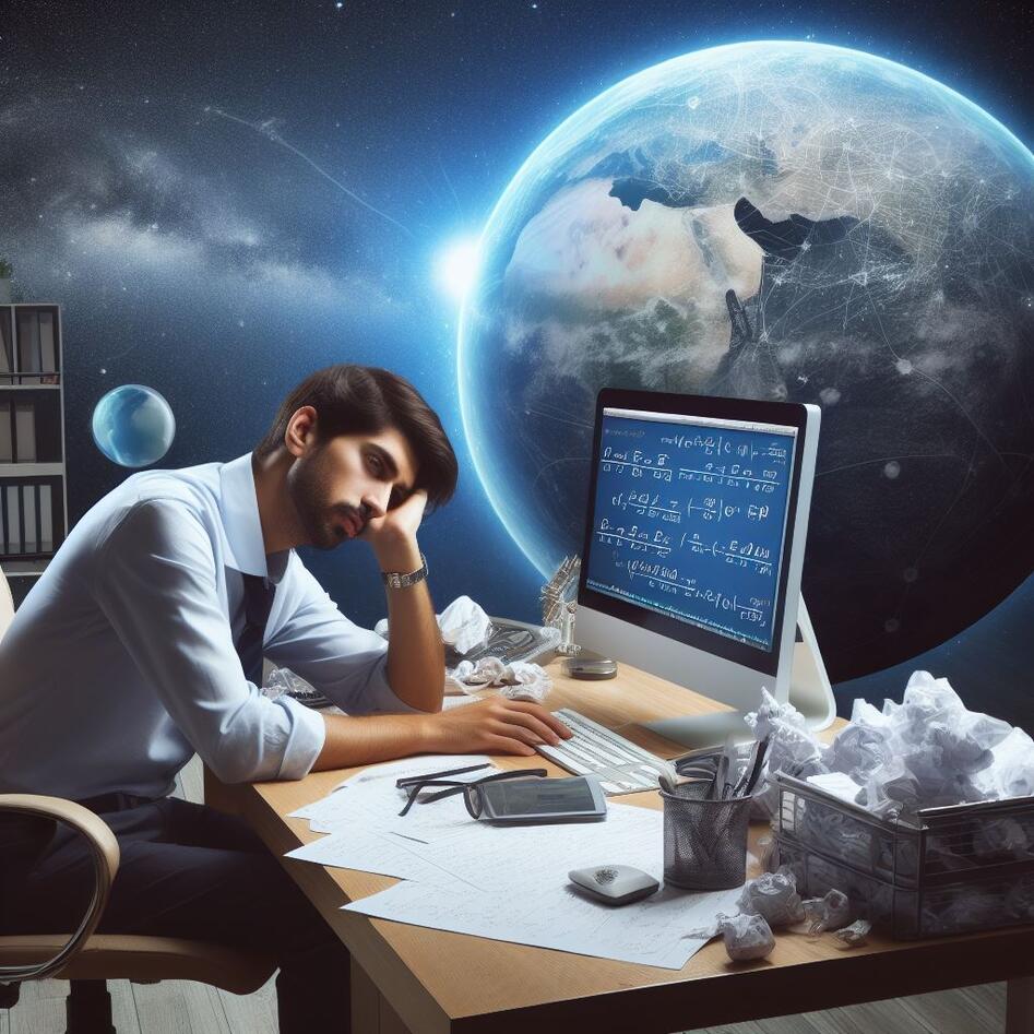 Mathematician sitting at his desk thinking. With a computer. The desk is messy with a lot of paper. The man is tired , leaning over the desk. The office is floating in the universe, and you see the earth in the background