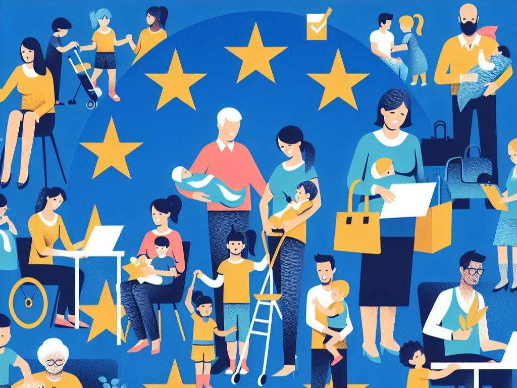 This illustration depicts the EU Work Life-Balance Directive, featuring icons representing parental leave, paternity leave, carers’ leave, and flexible working arrangements. The main color is blue, and the EU stars are included in the design