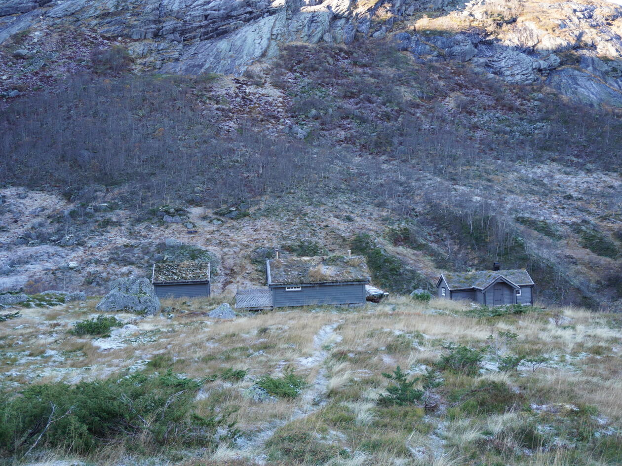 Tre stølshus på en frostdekket stølsvoll.