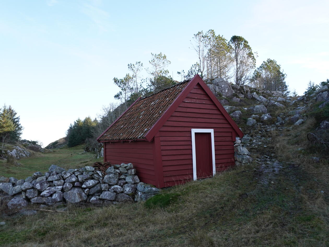 Rødt sommerfjøs stående i en steinmur mellom inn- og utmarksbeite.