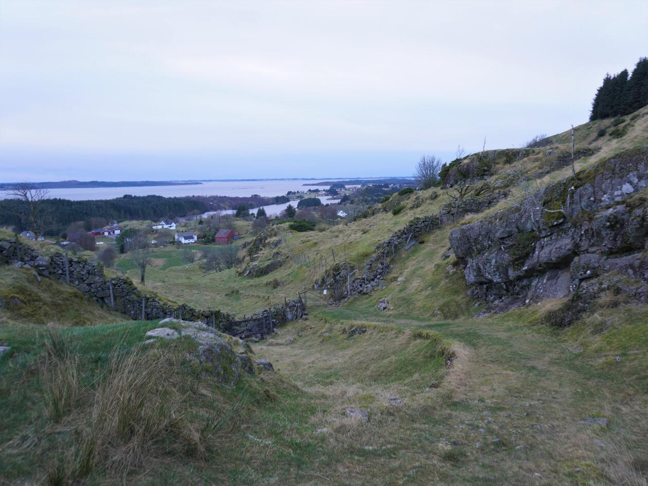 Utsiktsbilde over kulturmarker med tradisjonelle steinmurer i front. Bebyggelse og fjord i bakgrunnen.