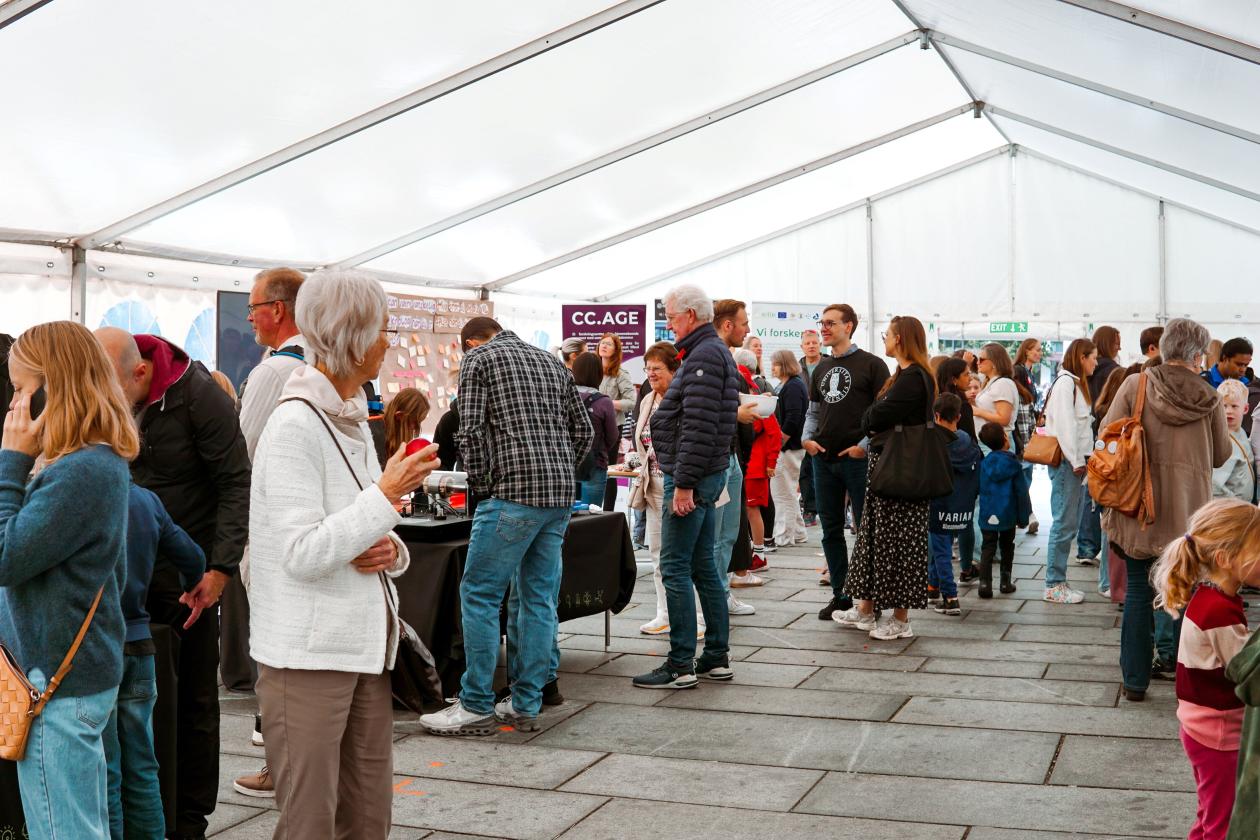 Bilde av Forskingstorget på Festplassen. SEFAS sin stand kan sees fra avstand. 