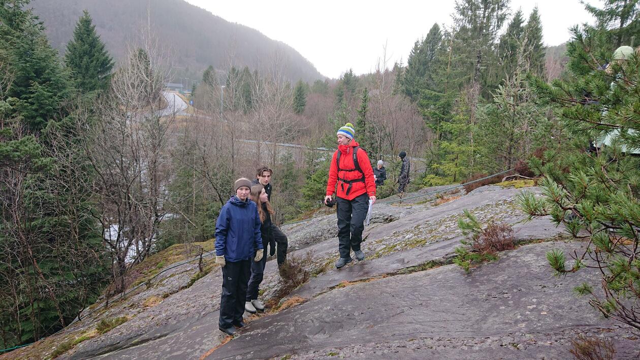 Studenter ute på felt i naturen i skråning av fjell