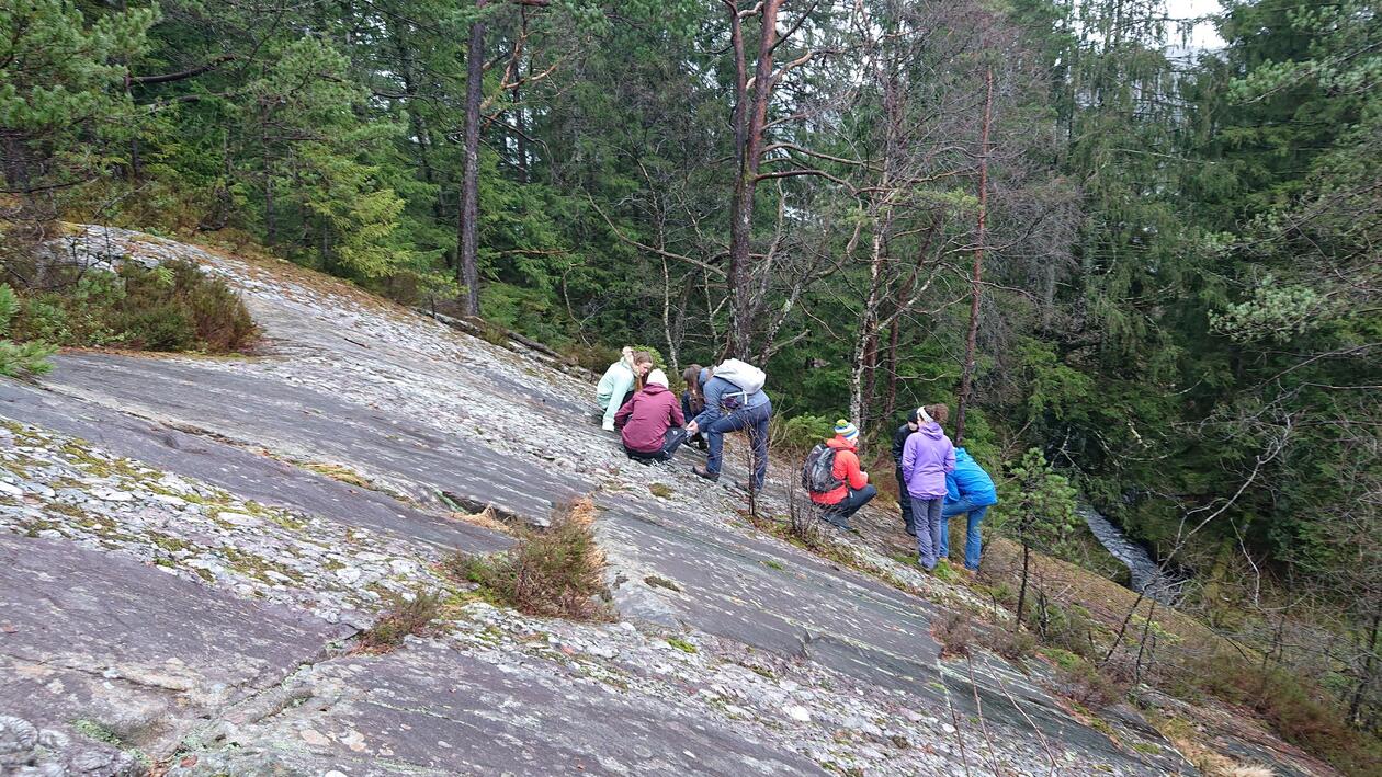 Studenter ute i felt i skråning på fjell