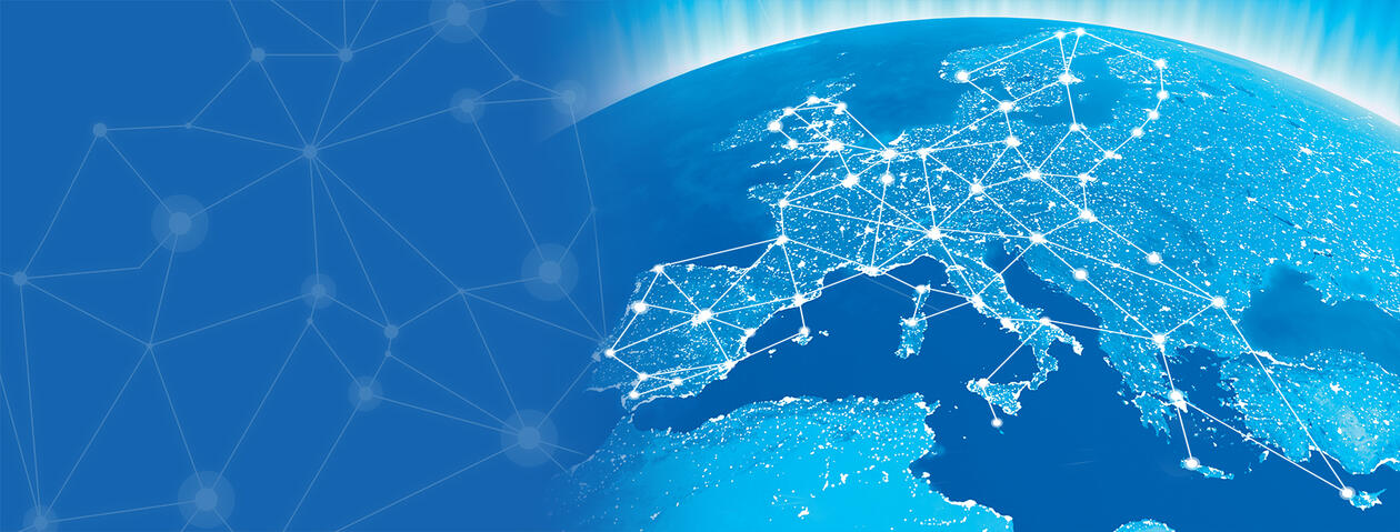 Illustration image showing a map of Europe in blue, depicted as a section of the globe, with a network of lines symbolising Energy transmission networks