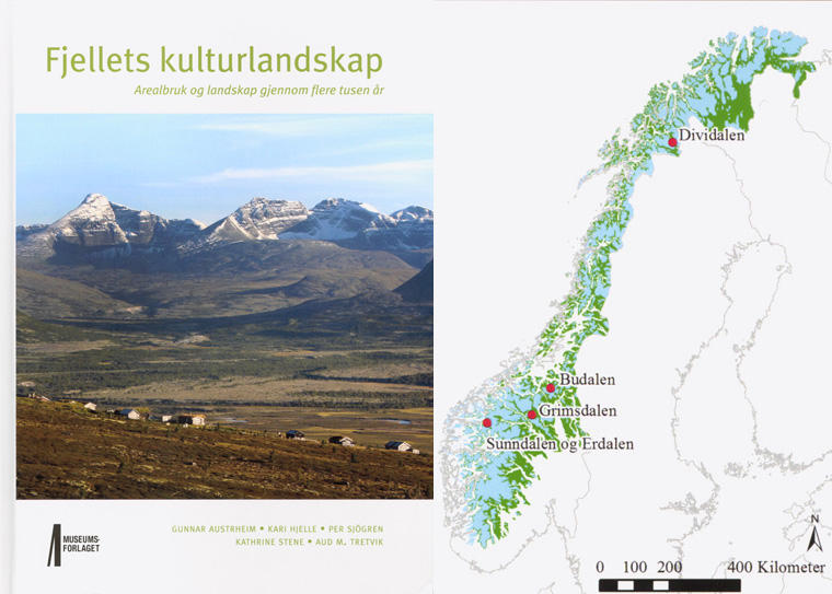 The cover of the book Fjellets kulturlandskap and a map of Norway showing the four sites investigated