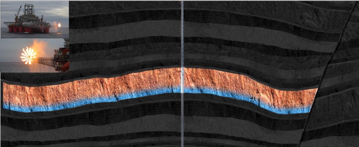 Illustration image showing the different layers in an underground gas reservoir in different shades of grays, with a major brown and a minor blue band in the middle