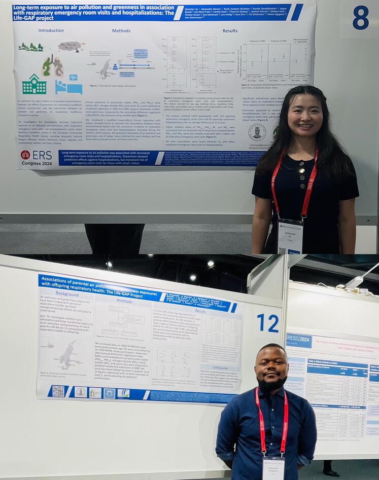 Two researchers stand in front of their respective poster presentations at the European Respiratory Society (ERS) congress 2024. 