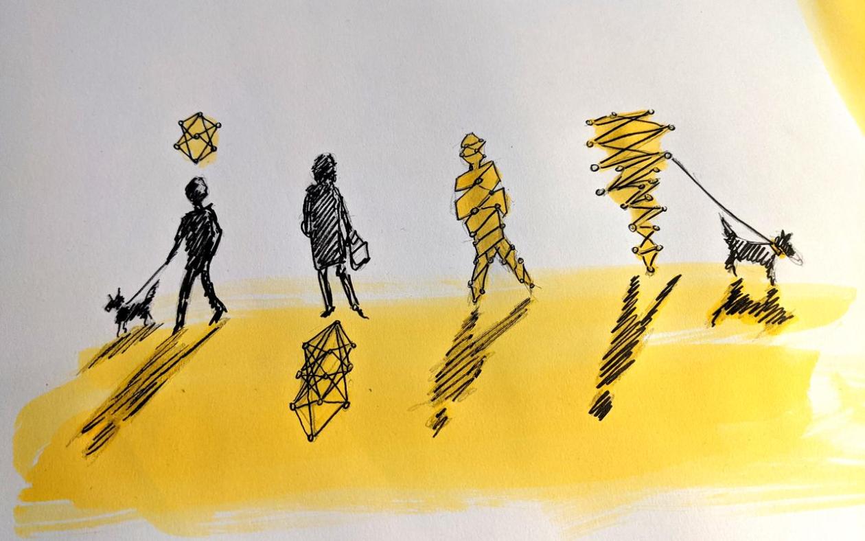 A watercolour illustration in two strong colours showing the silhouettes of four people, two of whom have dogs on leads. They all cast shadows, and vary between realistic representations and those formed by representations of algorithms or data points.