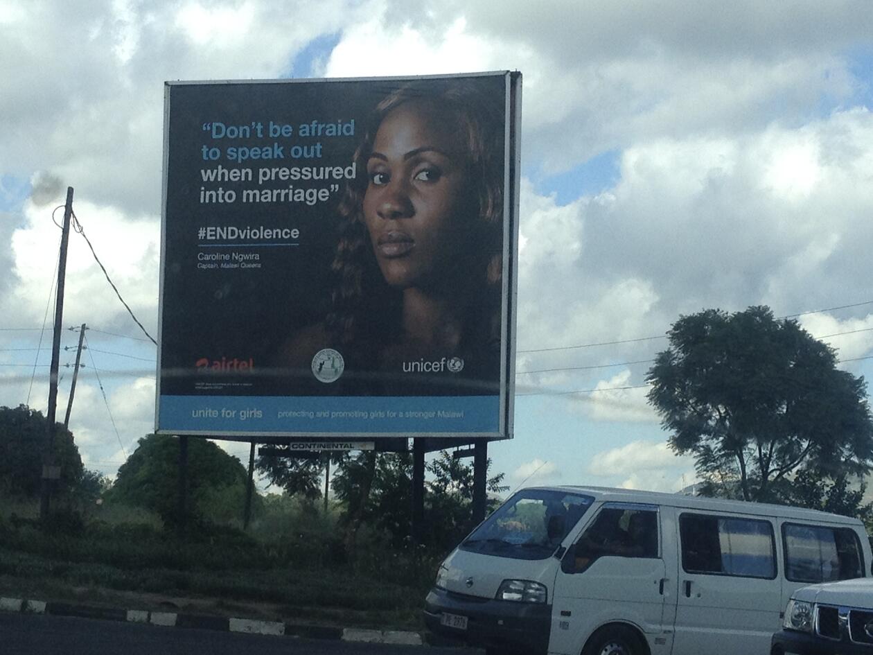 Picture of a Unicef poster with a picture of a woman and the text: Don't be afraid to speak out when pressuered into marriage". #ENDviolence