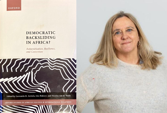 Picture of the book "Democratic backsliding in Africa?" to the left, and Lise Rakner to the right