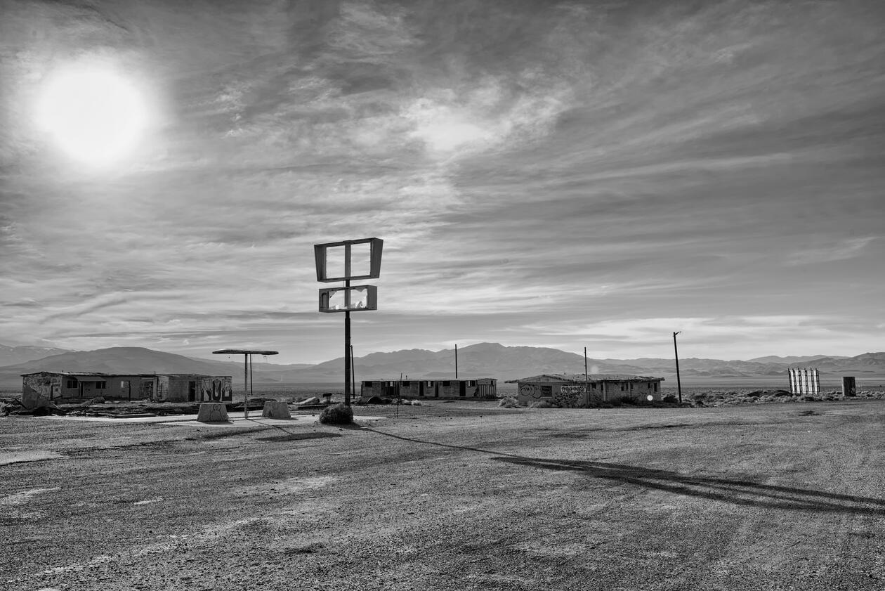 Abandoned gas station in desert