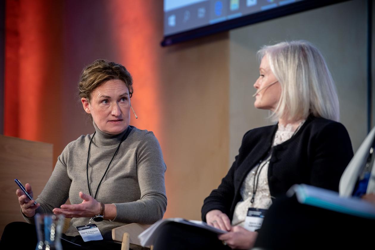 Professor Sigrid Schütz (left) speaking in a panel discussion during the inaugural Ocean Sustainability Bergen Conference in October 2019.