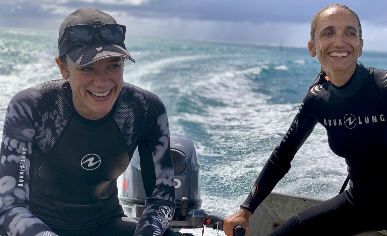 Rachel and Andrea on a boat