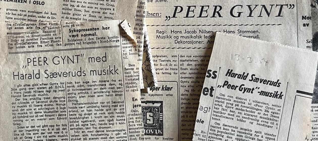 Picture showing a collage of old newspaper articles about Harald Sæverud