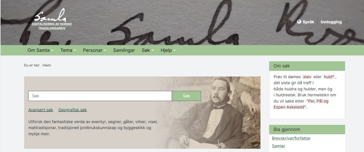 Skjermdump av nettsiden til SAMLA - Digitalisering av Norske tradisjonsarkiv