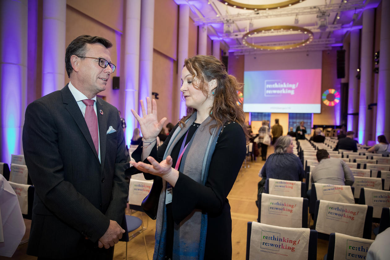 State Secretary Rebekka Borsch from Norway's Ministry of Education and Research with University of Bergen's Rector Dag Rune Olsen at the 2019 SDG Conference Bergen.