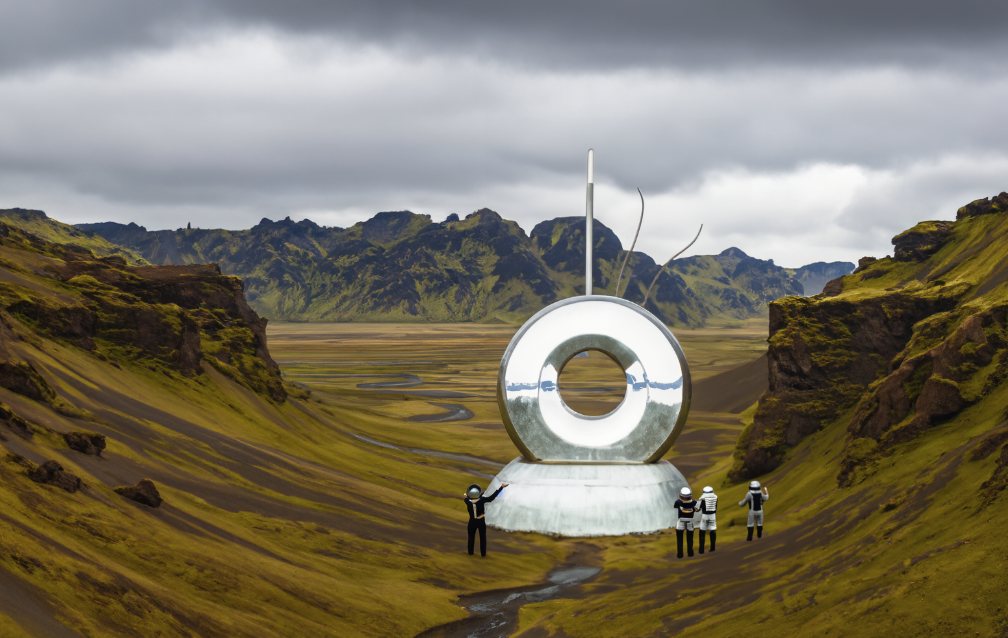 A mountain landscape with astronauts surrounding an alien structure