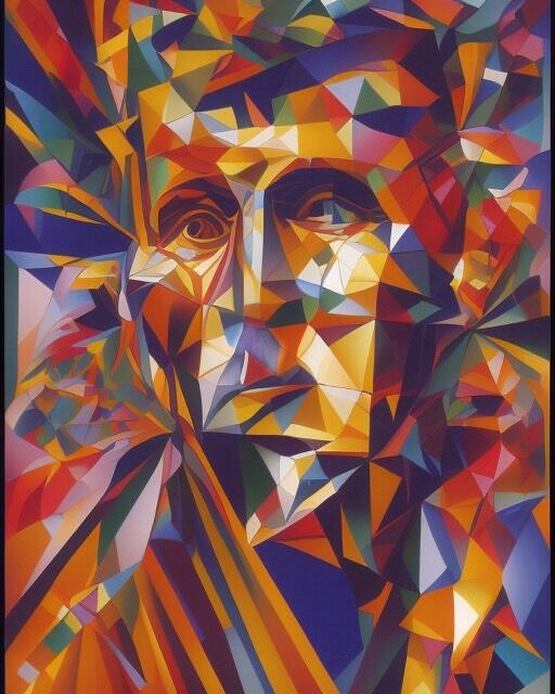 AI-kreert bilde der Wittgensteins ansikt er satt sammen av mange kantetde fargede mangekanter