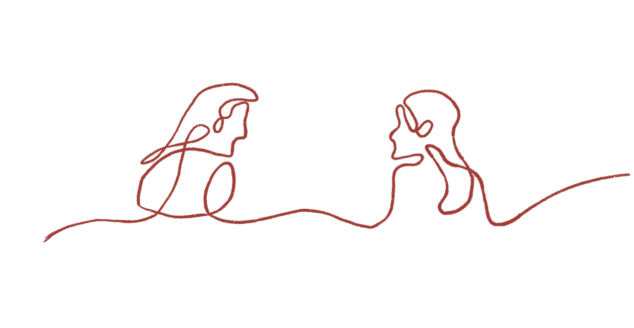 Illustration: red line drawn in loops to look like two stick women looking at each other