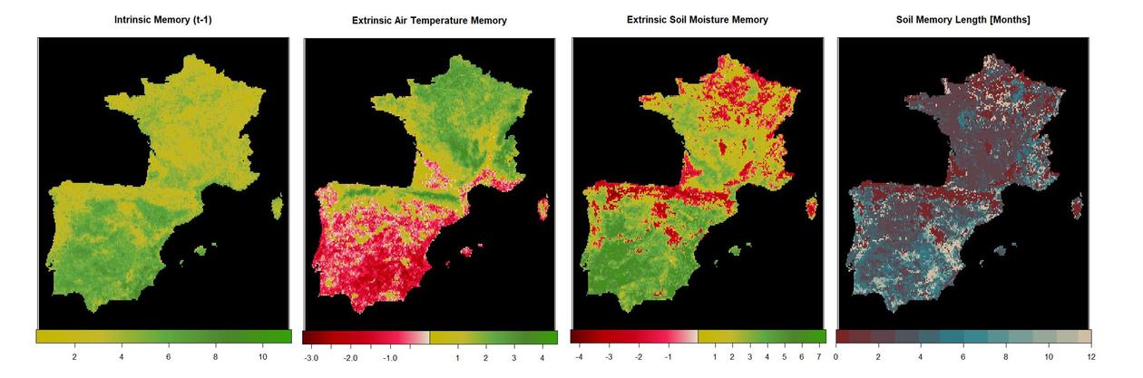 Four maps of south-west Europe showing different components of vegetation memory and response timing
