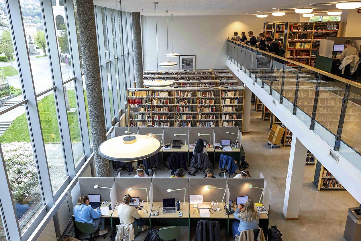 Oversiktsbilde fra leseplassene på Universitetsbiblioteket, Humaniora. Vi ser ryggen til flere studenter som sitter på leseplassene. 