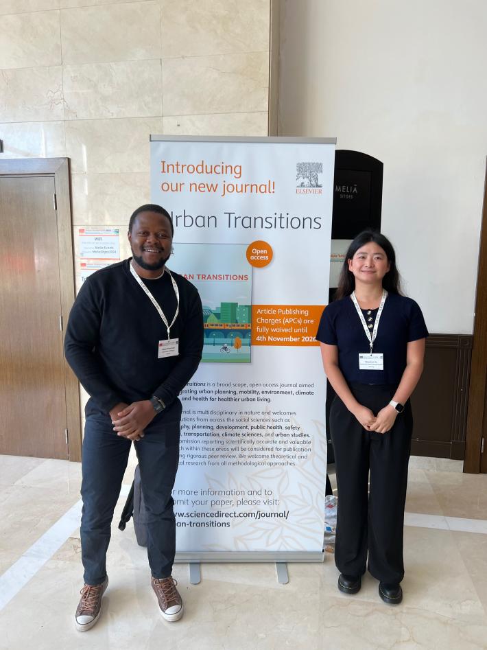 PhD students Shanshan Xu and Robin Mzati Sinsamala from the Greenness, Air Pollution, and health (GAP) research group attended the Urban Transitions 2024 conference in Sitges, Spain