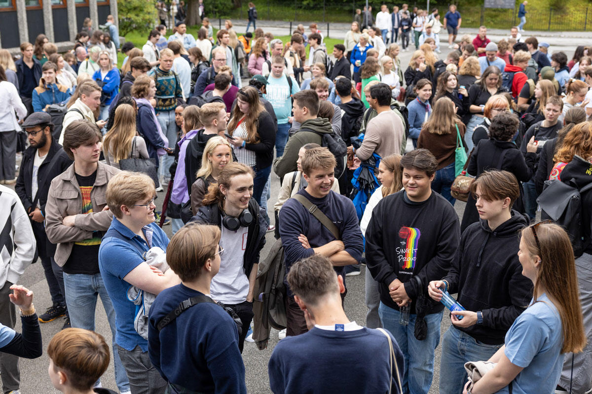 Flere grupper med studenter som står og snakker sammen. 