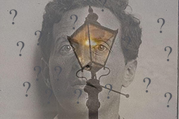 Portrait of Wittgenstein with a gas lamp in front and several question marks placed around the picture.
