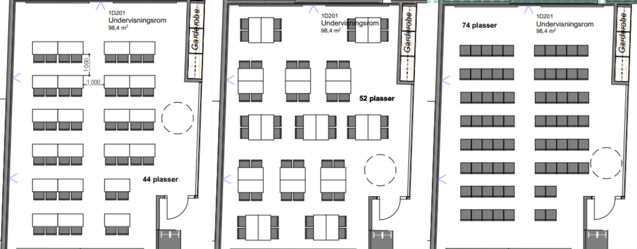 Illustrasjon ulike oppsett i rom 1D601 i læringsarenaen