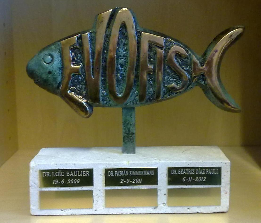 EvoFish trophy, with the names of PhDs from EvoFish (as of end 2012)