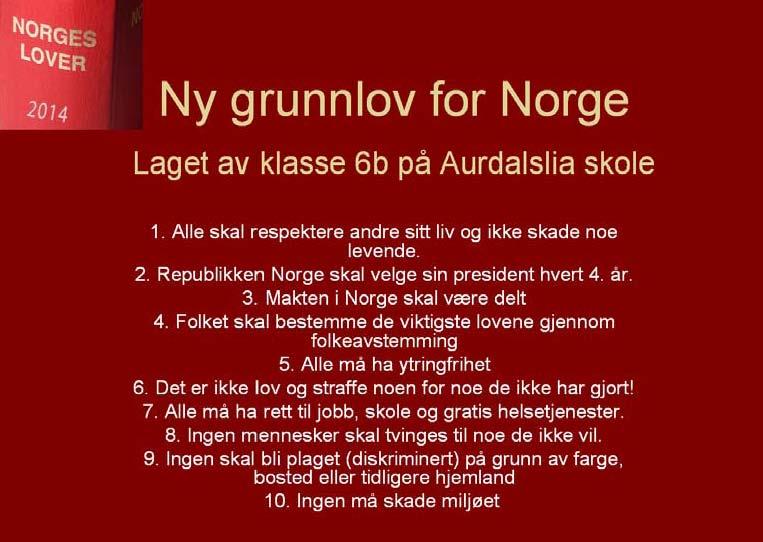 De ti viktigste lovene i den nye grunnloven laget av klasse 6B ved Aurdalslia...