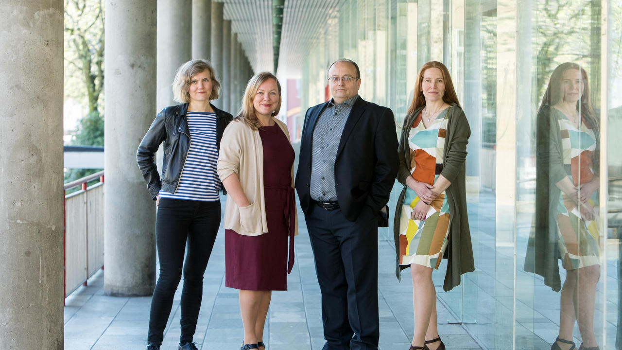 Political scientist Hakan G. Sicakkan, anthropologists Christine M. Jacobsen and Synnøve Bendixsen and sociologist Susanne Bygnes of the Bergen International Migration and Ethnic Relations Research Unit (IMER), photo shot in May 2018.