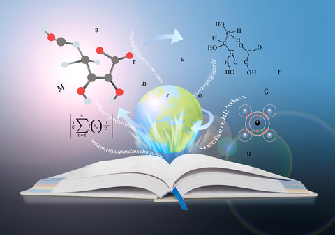 Book of Knowledge with chemical forms and mathematical equations