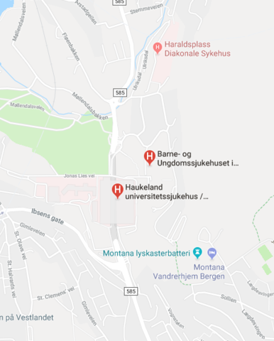 Vi er lokalisert i Barne- og ungdomssjukehuset (BUS1) nord for Sentralblokken ved Haukeland Universitetssjukehus.