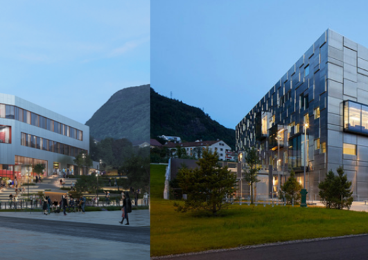 Til venstre: Illustrasjon av nytt Griegakademi, Til høyre: eksisterende KMD-bygget