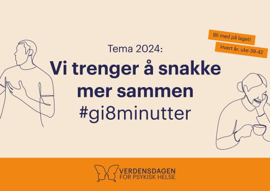 Plakat med tekst "Vi trenger å snakke mer sammen" med to personer som nsakker i telefon med hvarandre 