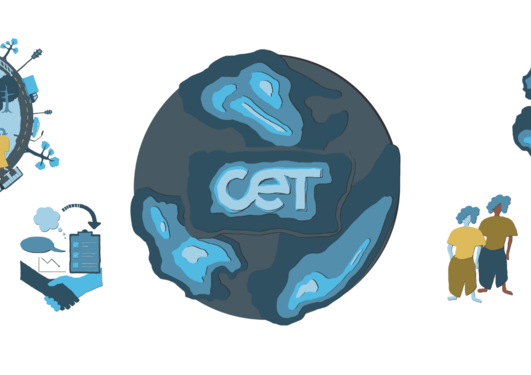 Cet logo in globe and opther icons representing a city, networks, people, technology, transport